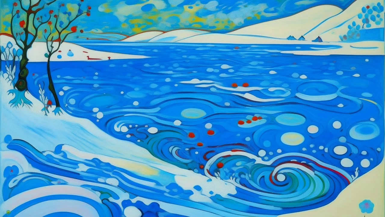 A cyan snowfield with falling snowflakes and a frozen lake painted by Wassily Kandinsky