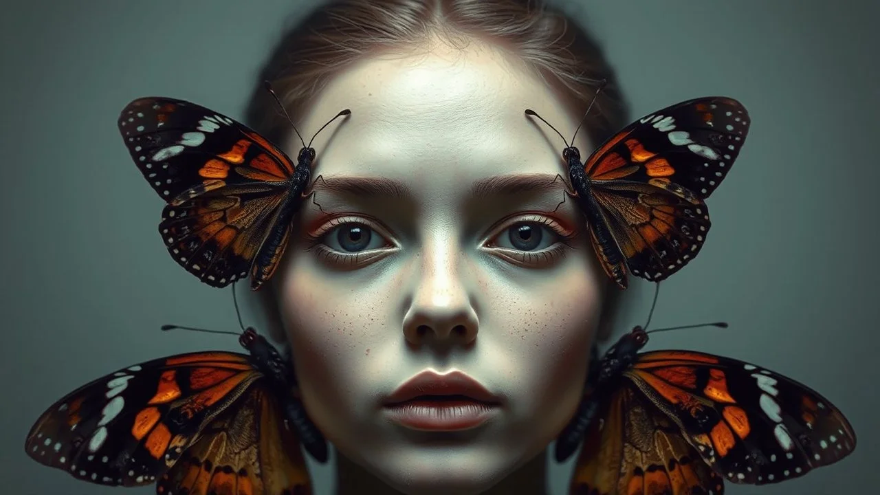 La figura de un rostro surge de mariposas nocturnas, alas moteadas y delicadas antenas que delinean las facciones; composición frontal silenciosa, estilo pictorialista con iluminación suave que evoca un emblema de metamorfosis 🦋