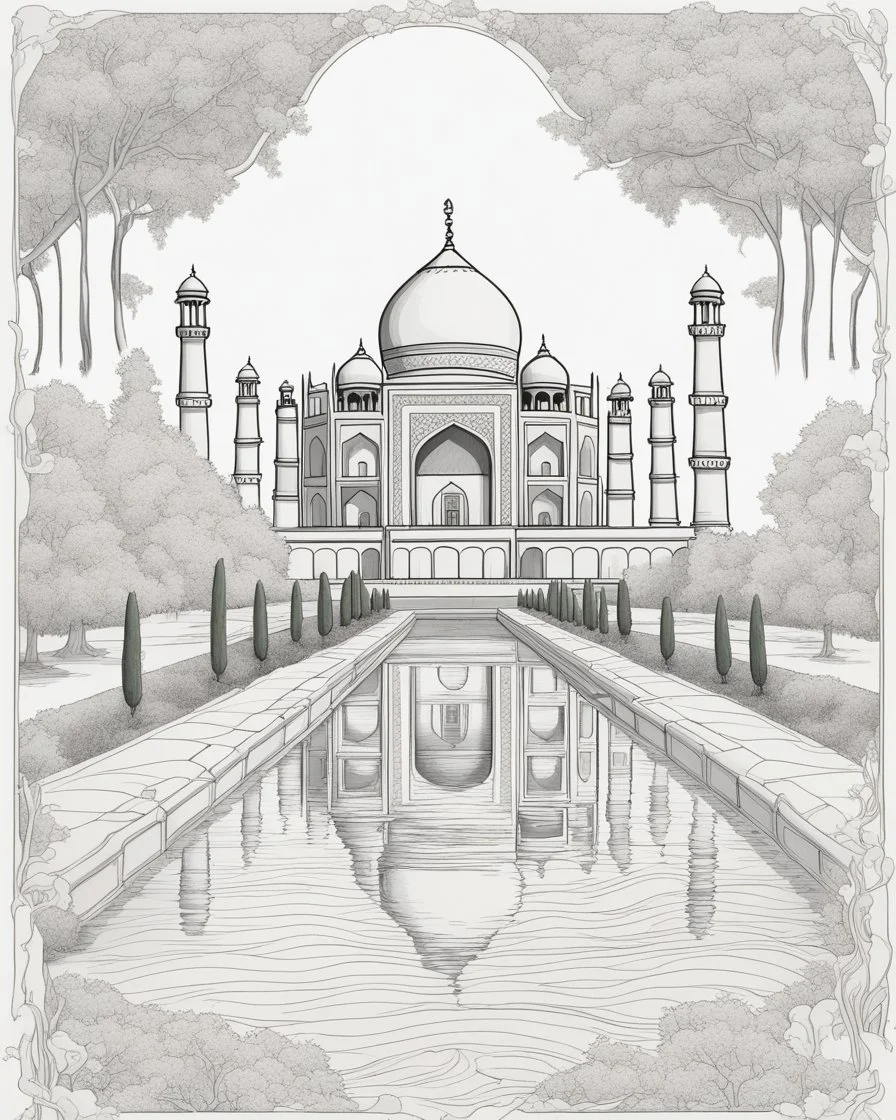 a coloring book, coloring page, depicting the Taj Mahal, with a scene of trees and a pool in front, cartoon style, highly defined, full body,