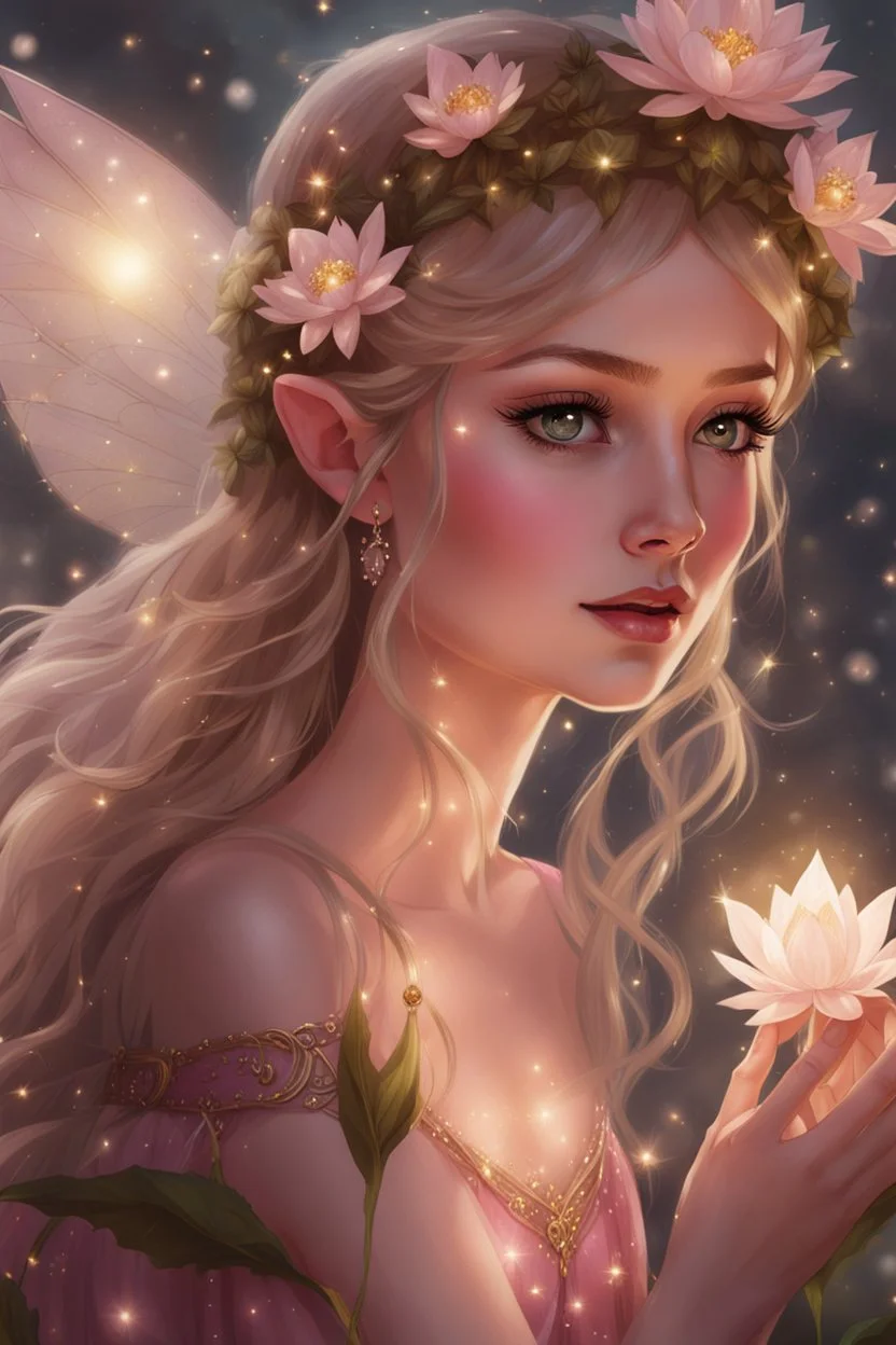 Pointed elven ears,Blonde hair ,Pink dress,Sparkling fairy wings,Very long golden hair,Fairy crown,pointed ears,elven ears,fairy wings,water lilies,sparkling,glittering,flowers,blossoms,golden crown,light pink dress