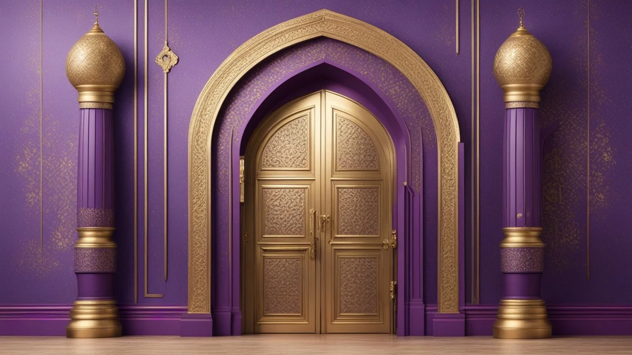 Hyper Realistic Islamic-Architectural-Open-Golden-Door-&-Navy-Wall on Purple-Rustic-Wall with maroon-crafting-on-white-pillars