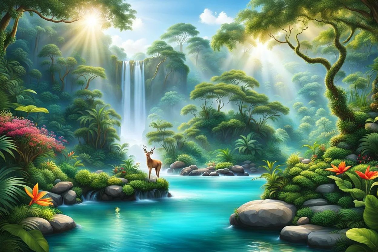 Create a picturesque scene of a lush jungle with vibrant flowers and towering trees. Include beautiful animals like colorful birds, playful monkeys, and graceful deer. Add a winding river with crystal-clear, wavy water flowing gently over smooth rocks on the riverbed. Let the sunlight filter through the canopy, casting a warm glow on this serene and enchanting landscape.