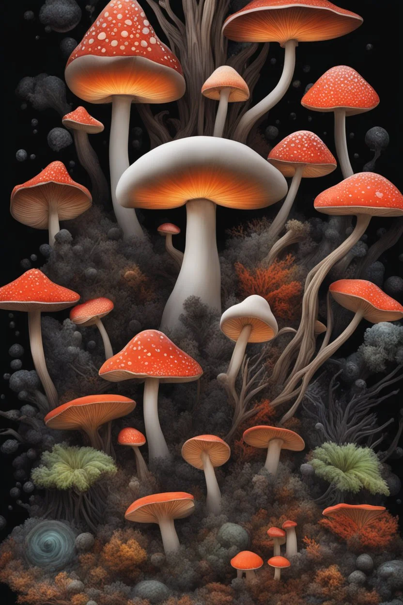 Exotic Flora, fauna, mushrooms, fungi and coral at the End of the Multiverse, rising from a black liquid surface.