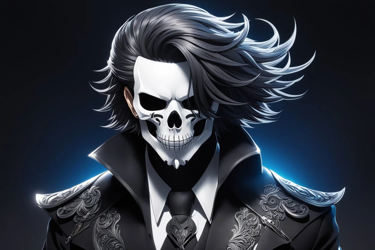 Logo skull, man hair , scissors, mask, cover face in 8k solo leveling shadow artist dynamic pose, oshare kei, hurufiyya, rtx, intricate details, highly detailed, high details, detailed portrait, masterpiece,ultra detailed, ultra quality