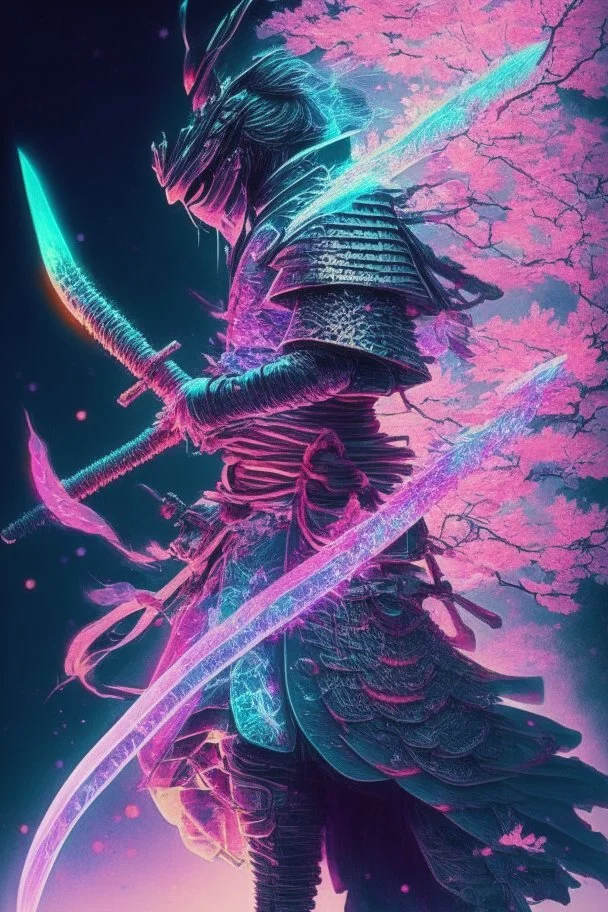 Mystical samurai emitting an aura of transparent dragons with a long, neon sword emitting an aura