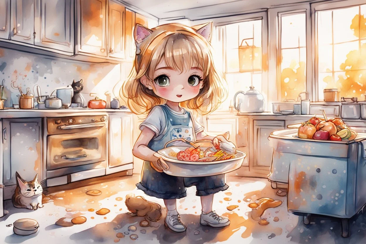 A cute chibi girl preparing lunch in a spacious and bright American kitchen with the living room in the background and a cat on the sofa in sunshine, watercolor and black ink outlines, sparkling golden glitter, ethereal, cinematic postprocessing, bokeh, dof Weight:1 graffiti art, splash art, street art, spray paint, oil gouache melting, acrylic, high contrast, colorful polychromatic, ultra detailed, ultra quality, CGSociety Weight:0.9