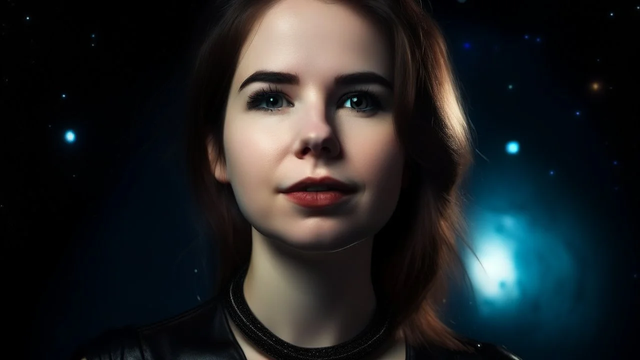 Portrait of pretty lady wearing a leather collar on space background