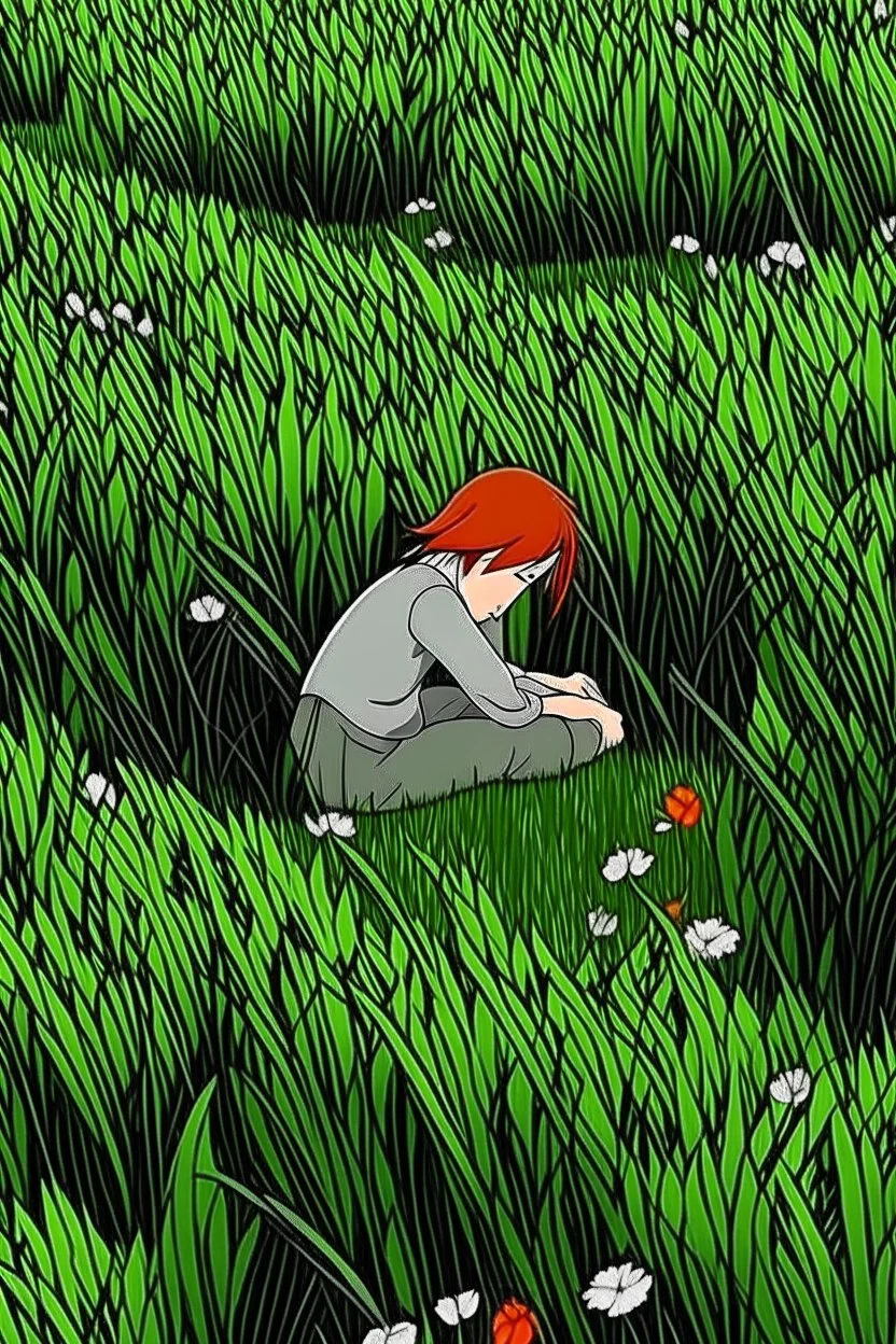 A lonely man is hugging his knees and sleeping in the meadow, cartoon style- anime