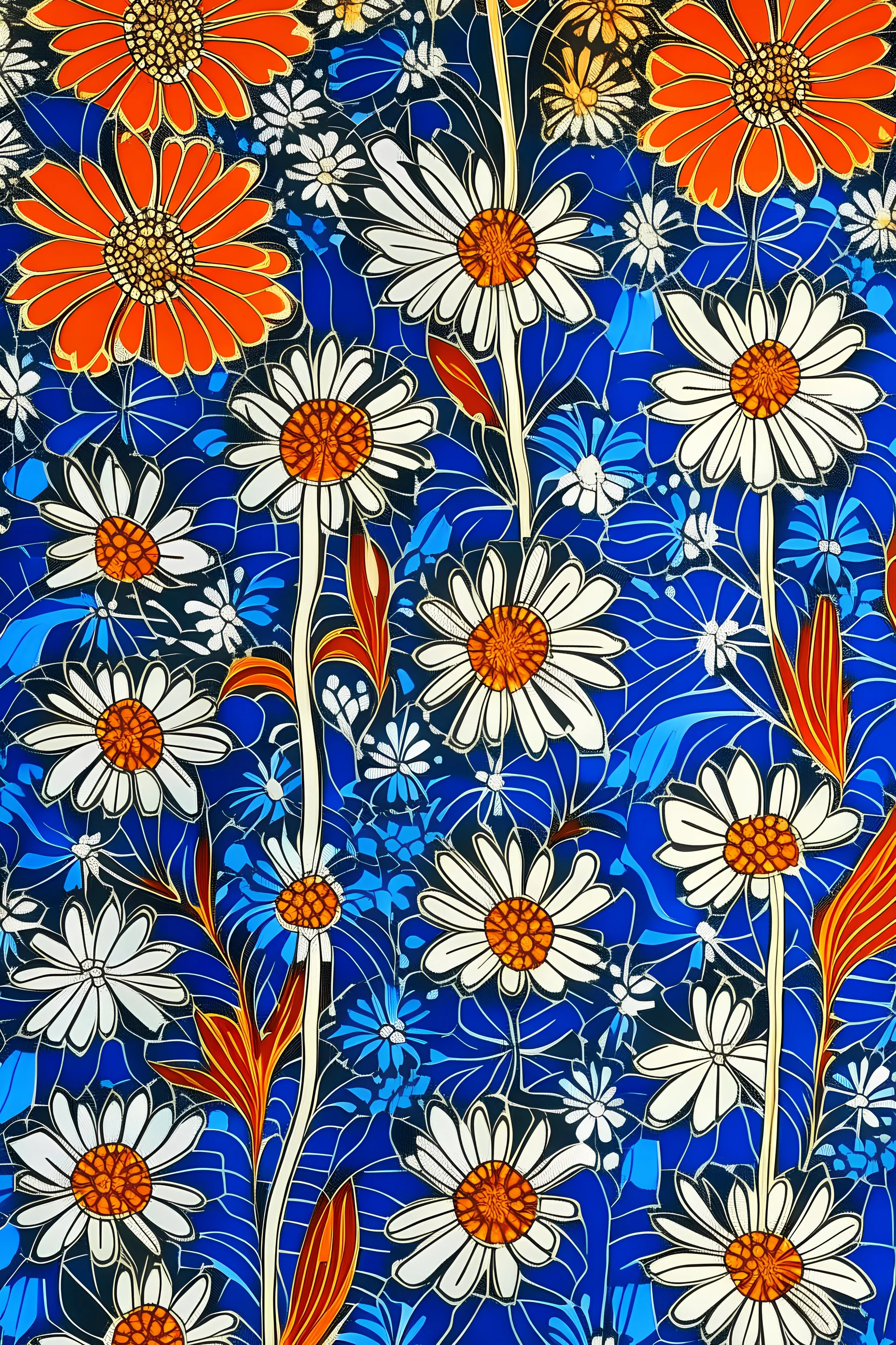 west African , wax batik flowers, white outline