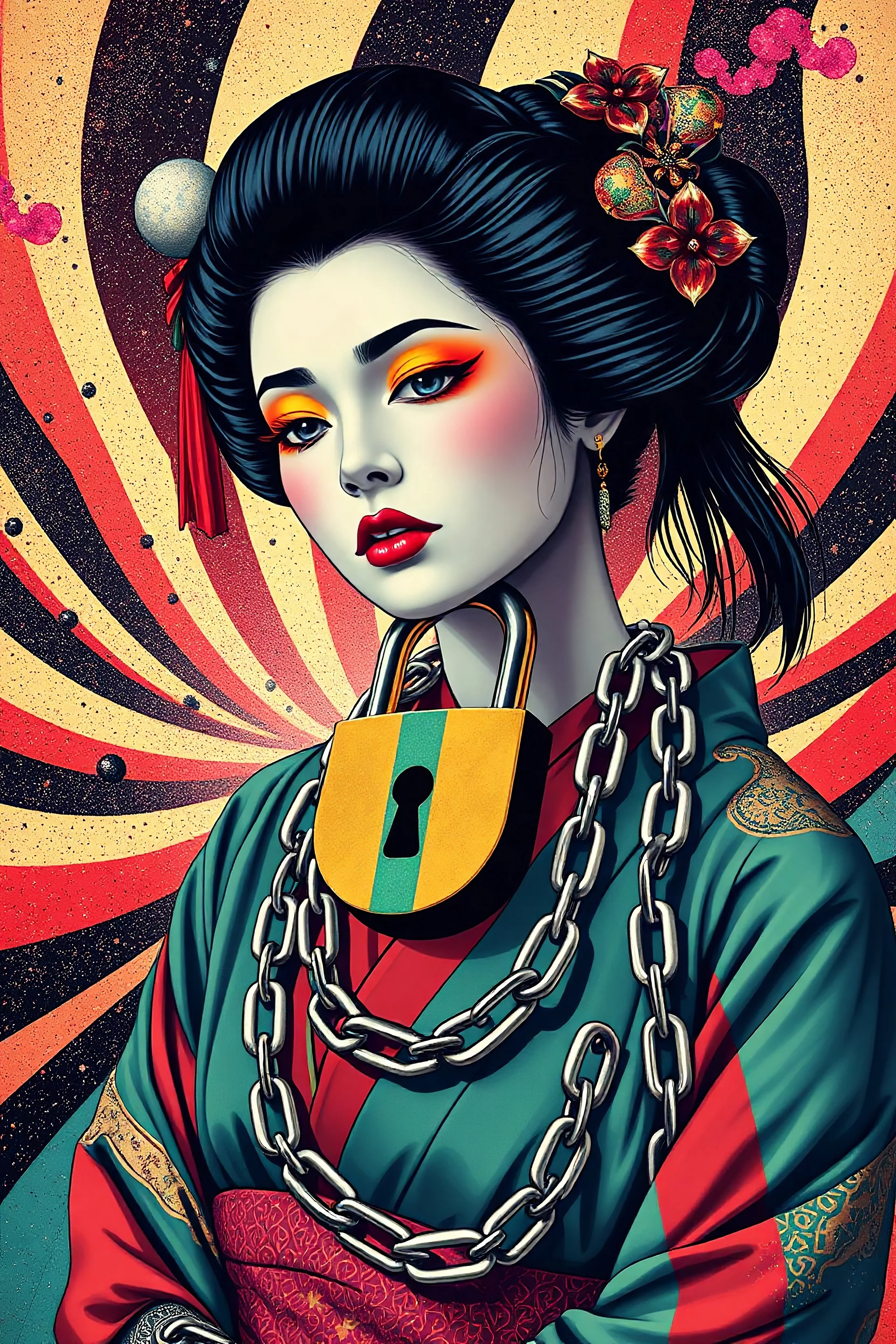 Belenggu,gembok besar,multi-colour lock,geisha emo memakai gembok besar dikalungi.The background is a chaotic stripes cosmic scene with elements of perpetual motion and a hint of cosmic horror. The colors are bold and vibrant, evoking a sense of chaos and surrealism, while the overall composition pays homage to the vintage boho movement.