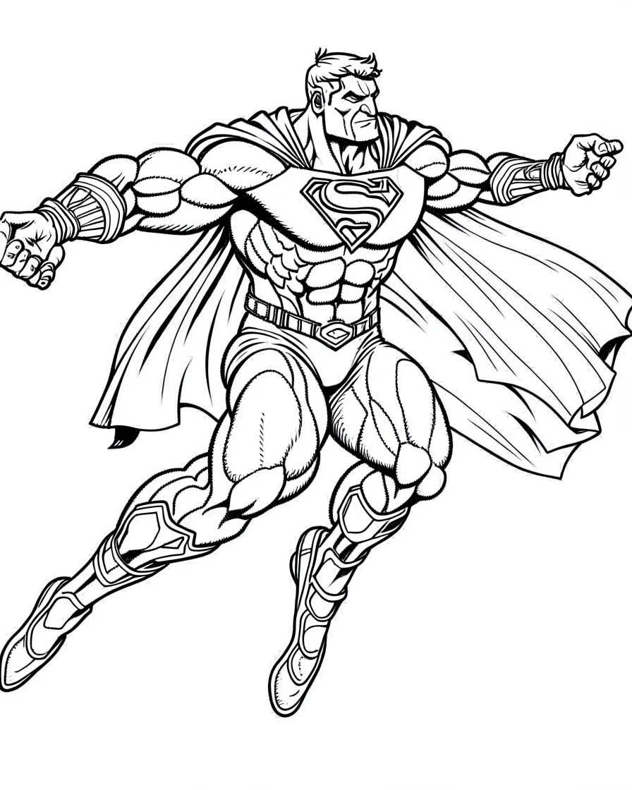 real massive Superman fly, coloring page, no leaves, full body (((((white background))))), only use an outline., real style, line art, white color, clean line art, white background, Sketch style