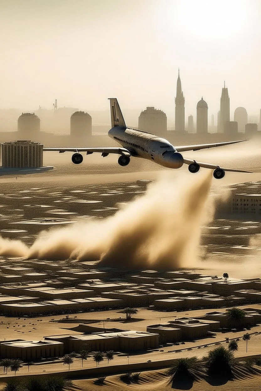 make a plane flying over a city throwing some sahara dust