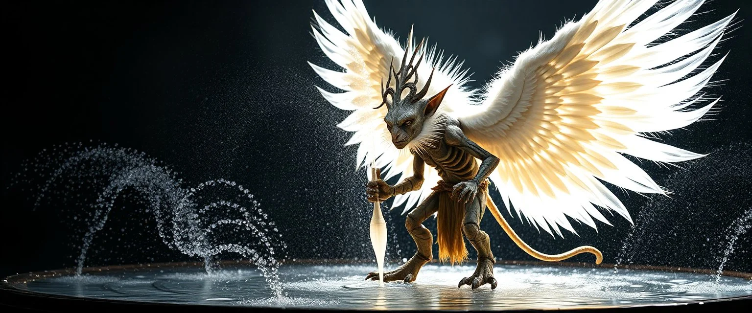 radiant white feather light mirror bounce ancient angelic gremlin wooden treant Robot by dark fountain,