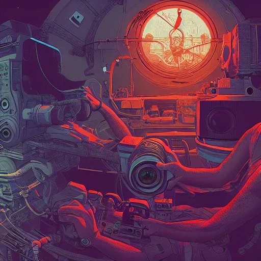 Camera., concept art, hyper detailed, asaf hanuka, dan mumford, kilian eng, post-apocalyptic, oil on canvas