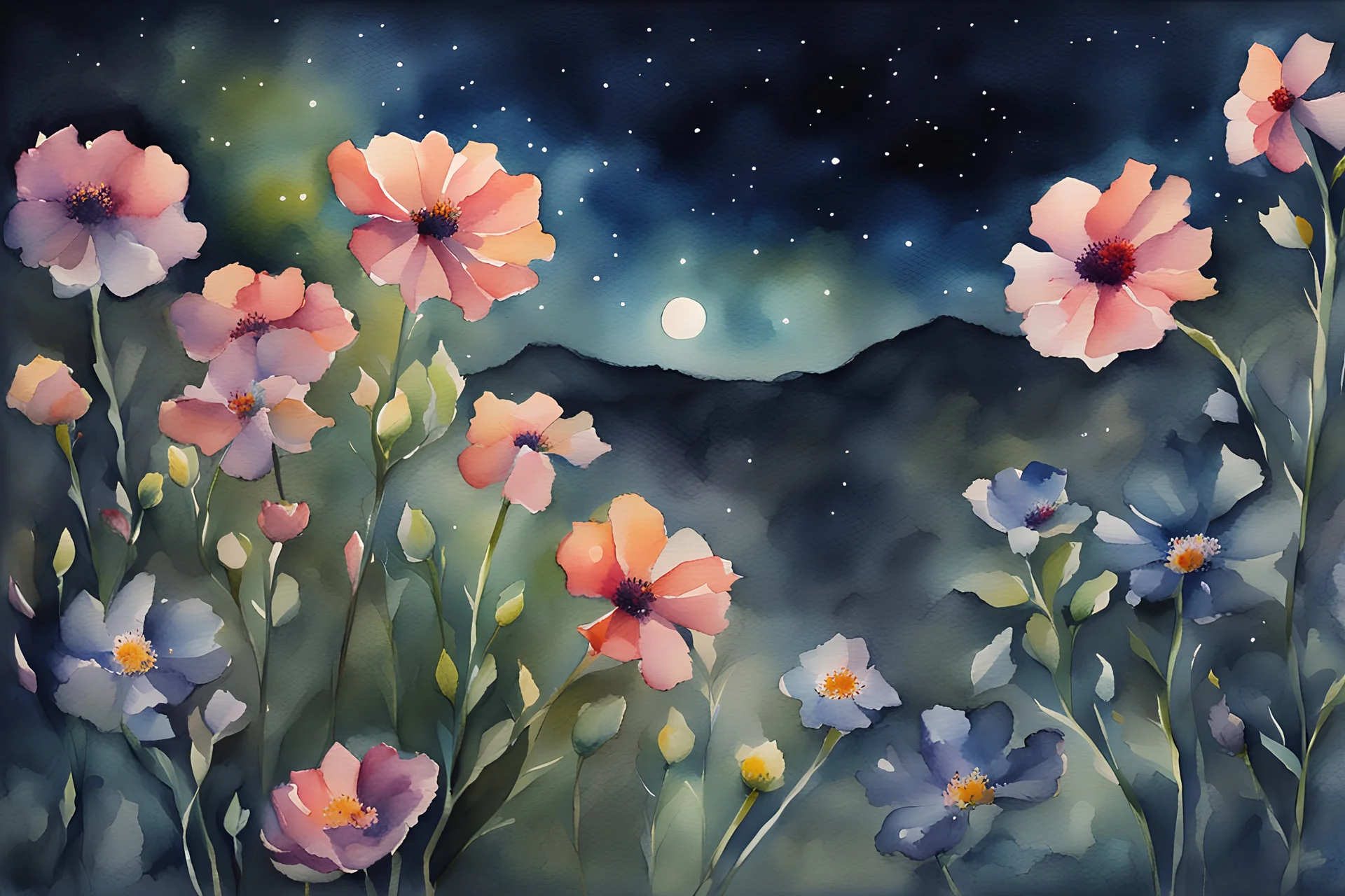 Night, rocks, mountains, flowers, watercolor paintings