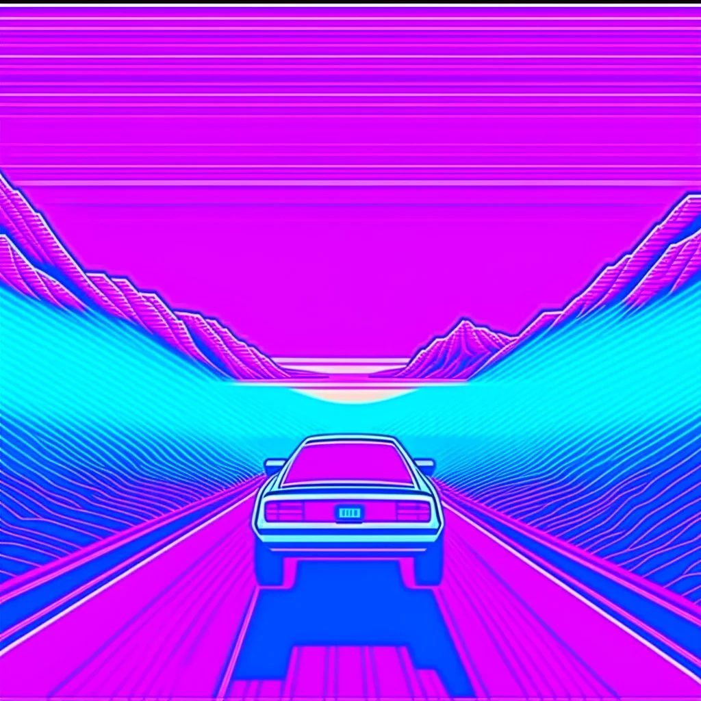 Vaporwave sci-fi scene car driving to the distance