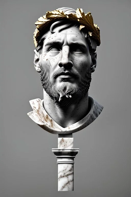 Ultra Realistic image, Roman sculpture, white marble material, Lionel Messi, gold Laurel wreath, chisel style, waist up portrait, epic, celestial, cinematic lighting, God light, god rays, 4k resolution, smooth details, ornate details, soft lighting, unreal engine 5, marble background.