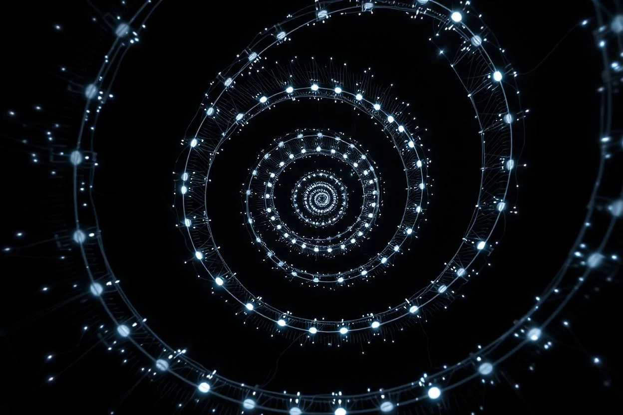 Cree l image d une spirale représentant l accés à la connaissance. Utilise les propriétés de Fibonacci. Lumieres noire et blanches.