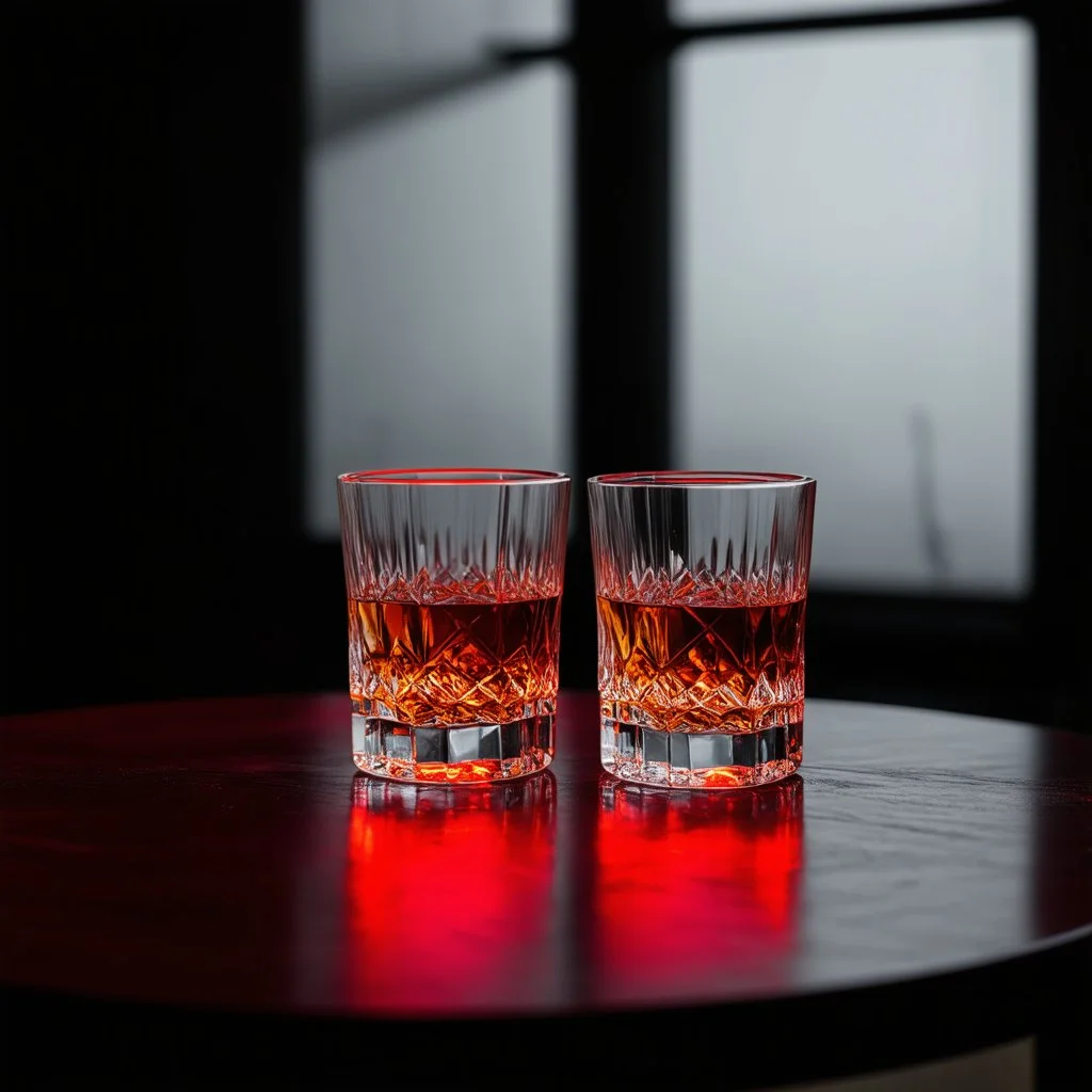 a table showing two whisky glasses in a dark room, red neon hues