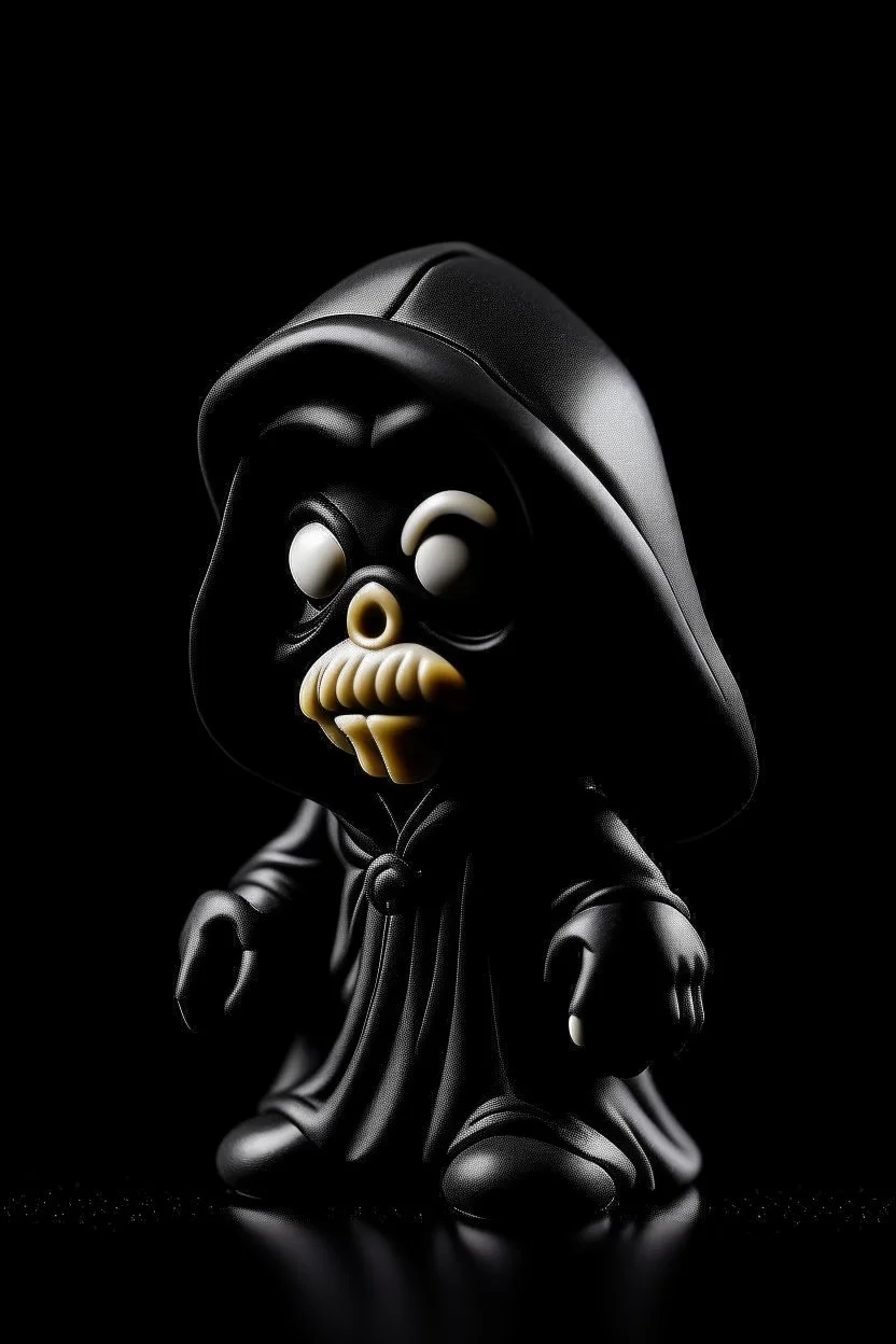 1950s goofy vinyl toy of skull face character wearing a black hooded cloak, drawn in a early animation rubber hose animation style, inside a diamond shape on a black background, monochromatic