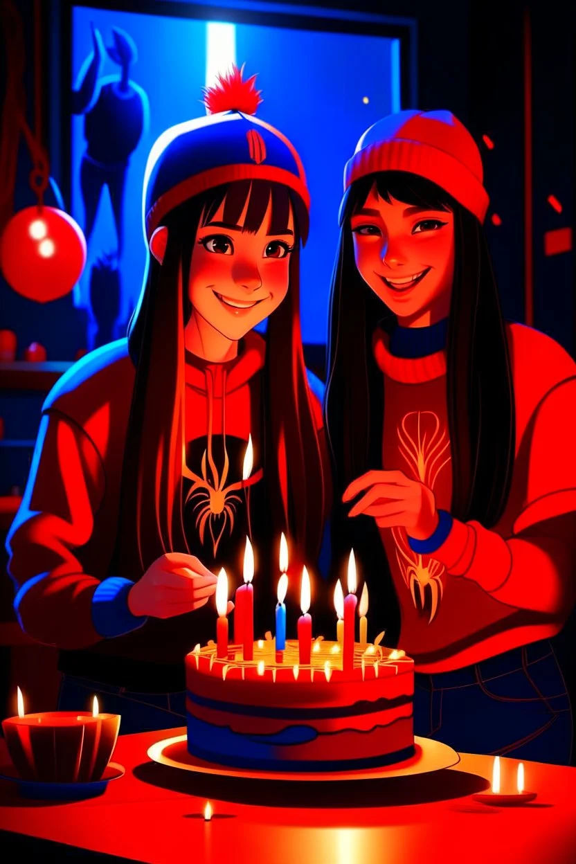 spiderman into the spider verse tarzı 17 yazan mum ile doğum günü kutlayan 2 kız