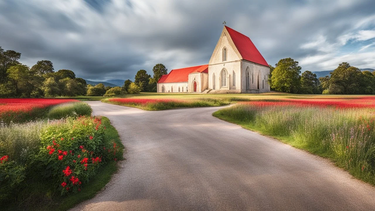 Church with red roof, beautiful composition, award-winning photograph, astonishing realism