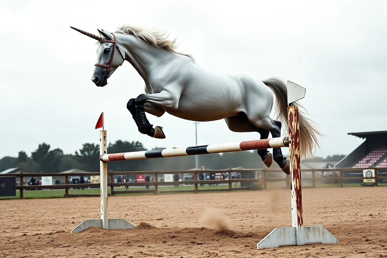 Realistic unicorn jumping over obstacles on an equestrian course show jumping arena, realistic, grainy photography, gritty image, cloudy sky, dust