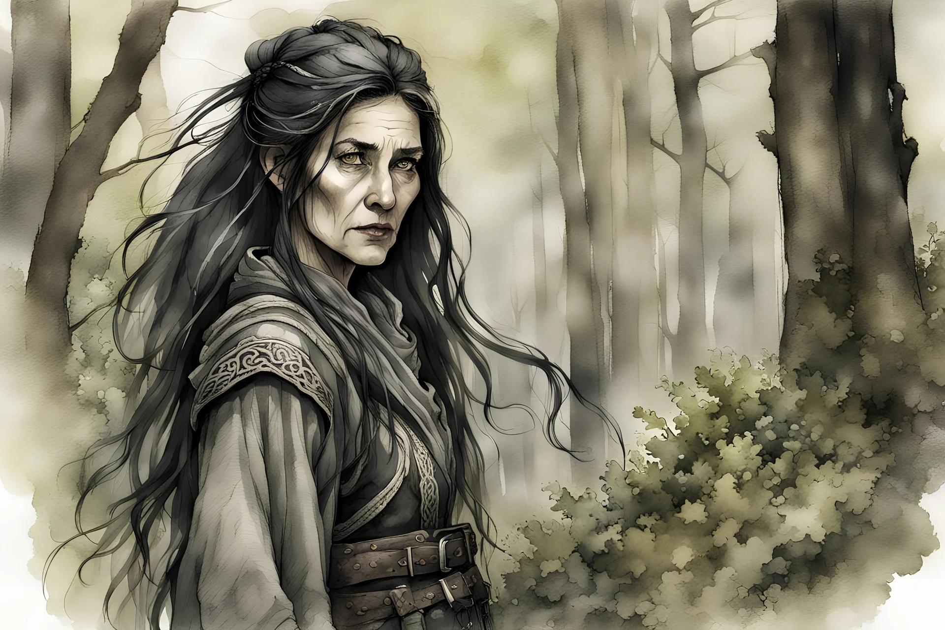 ink wash and watercolor illustration of an ancient grizzled, gnarled female vagabond wanderer, long, black hair streaked with grey, highly detailed facial features, sharp cheekbones. Her eyes are black. She wears weathered roughspun Celtic clothes, emaciated and tall, with pale skin, full body , thigh high leather boots within a forest of massive ancient oak trees in the comic book style of Bill Sienkiewicz and Jean Giraud Moebius , dramatic natural lighting, rich, vibrant earth tone colors