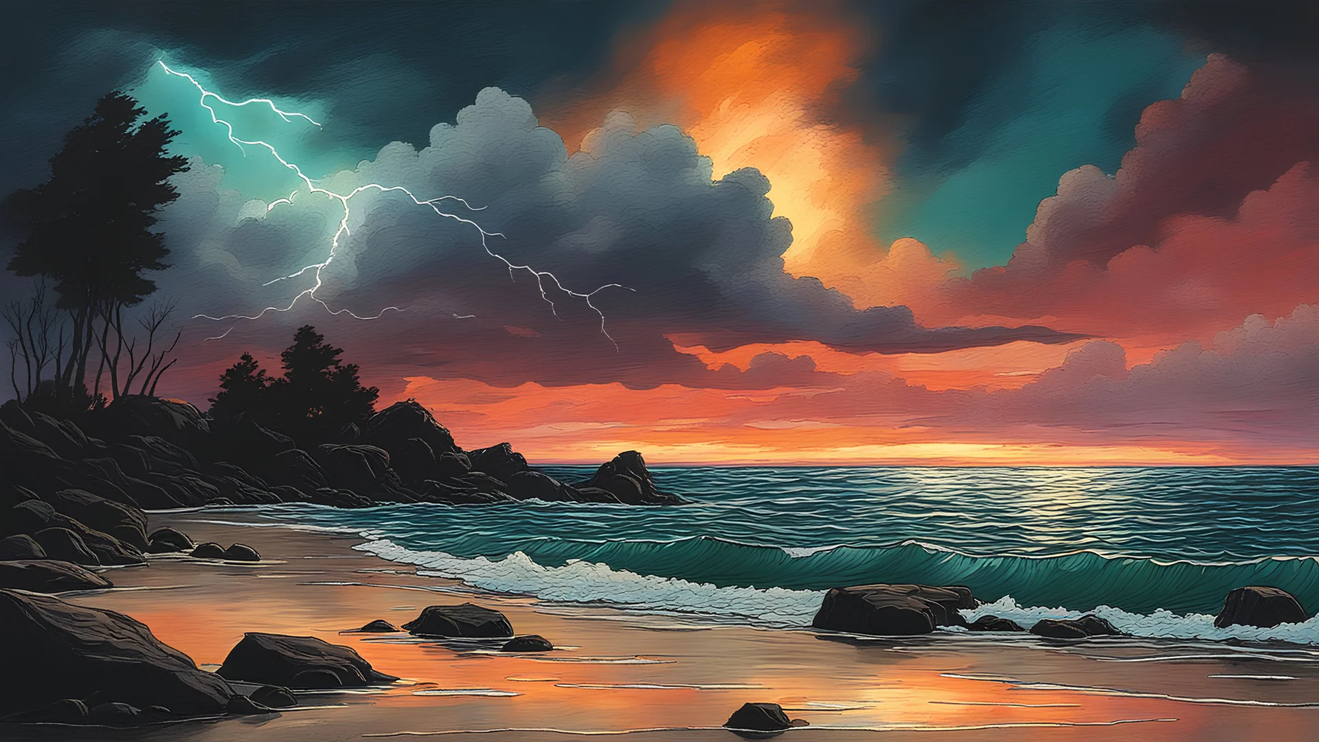 "Thunderstorm over an ocean, cosmic sunset, black shore with rocks and trees in the front"