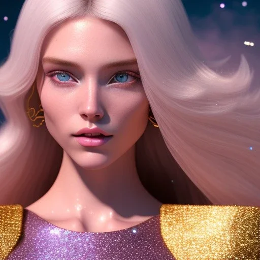 white woman long blond hair blue eyes glitter in a galactic ambiance, delicate colors in the foreground, full of details, smooth, light effect，vaporwave colorful, smooth, extremely sharp detail, finely tuned detail, ultra high definition, 8 k, unreal engine 5, ultra sharp focus