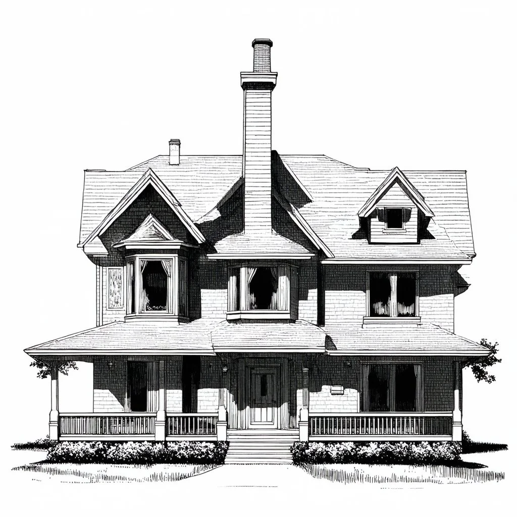 A detailed ink illustration of a front elevation of a fantasy house, with a tall chimney, rooms and floors added to the sides and roofs.