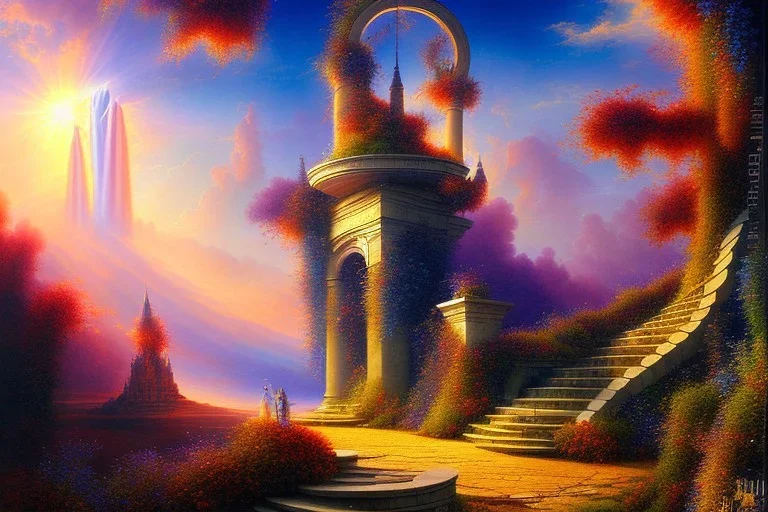 mystical long stairway up to heaven in the sky, beautiful colours, romanticism, fantasy, Neo-Impressionism, fine art