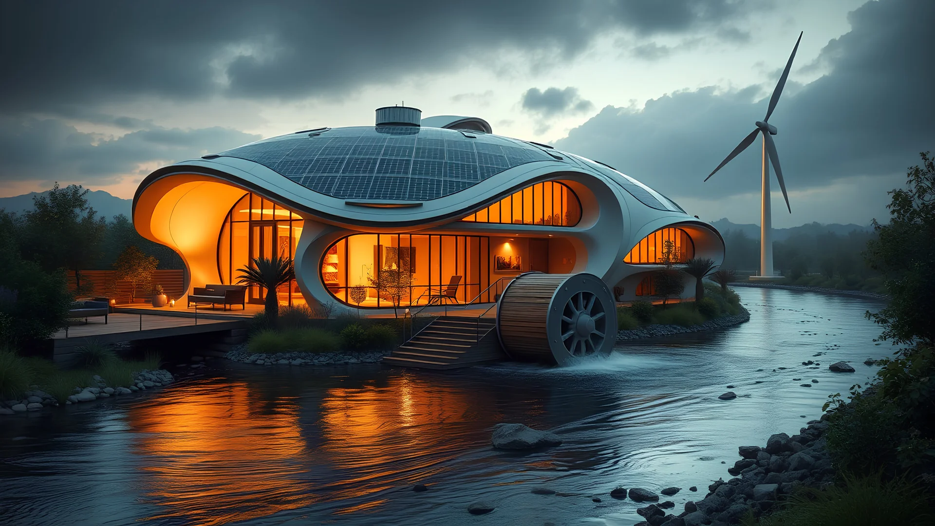 6003. Innovative environmentally-friendly home, solar panels, water wheel in river, alternative energy, wind turbine, scientific experiment, home of the future, amazing curved architecture, fantasy, robotic, magic, automated, spectacular, futuristic, beautiful lighting, attractive composition, photorealistic, extremely detailed, chiaroscuro