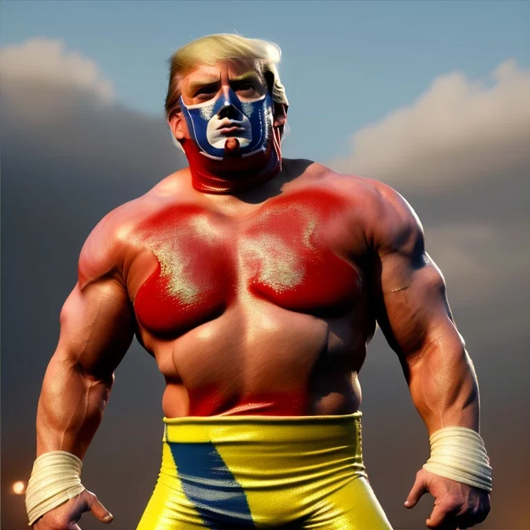 Realistic image of Donald trump wrestler, Mexican wrestling style, Mexican wrestling mask for eyes, red and blue breeches, glow us flag dress, suspenders, retro style, 80s, vibrant color, highly detailed, sky background, concept art, unreal engine 5, god rays, ray tracing, RTX, lumen lighting, ultra detail, volumetric lighting, 3d, finely drawn, high definition, high resolution.