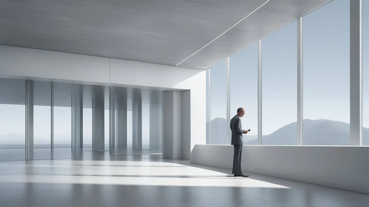 there is a man standing in a large building with a cell phone, architectural visualisation, inspired by Tadao Ando, digital rendering, conceptual rendering, render vray, photoralistic rendering, inspired by Peter Zumthor, architectural rendering, detail render, a digital rendering, in style of norman foster, orthographic 3d rendering, lumion rendering