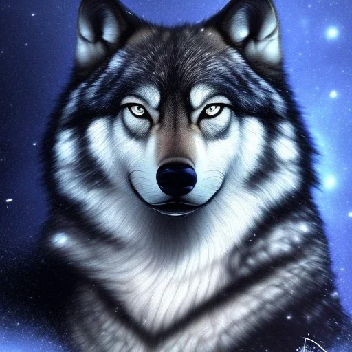 fantasy black wolf with a scar on his right eye and blue flames around him