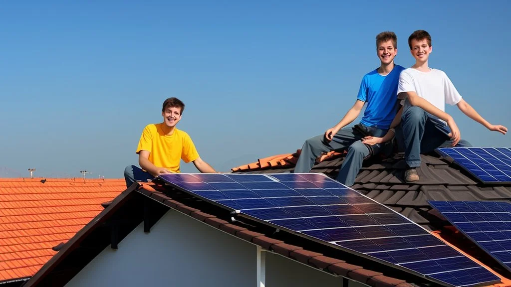 solar panel installation by 2 - 3 guys on the roof of a house, panoramic view