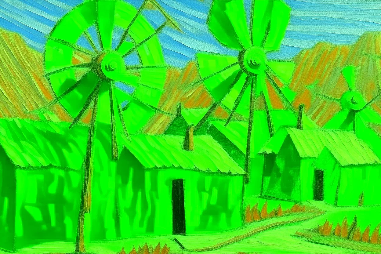 A lime green village with windmills Navajo woven art painted by Claude Monet