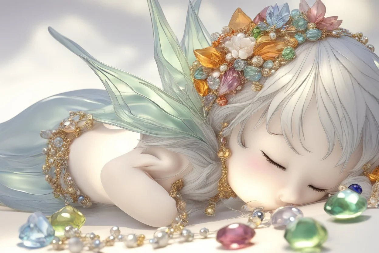 closeup, cute chibi sleeping fairy, Coloured glass flowers set with gemstones, glittering metal stems and gemstone leaves on a room table sharp focus elegant extremely detailed intricate very attractive beautiful dynamic lighting fantastic view crisp quality exquisite detail in the sunshine gems and jewels