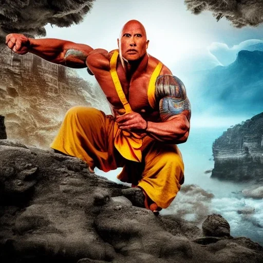 Fantasy, Dwayne Johnson as shaolin monk, heroic, award winning, insanely detailed, sunlit, realistic, fighting,acrylic paint, 8k resolution, hdr