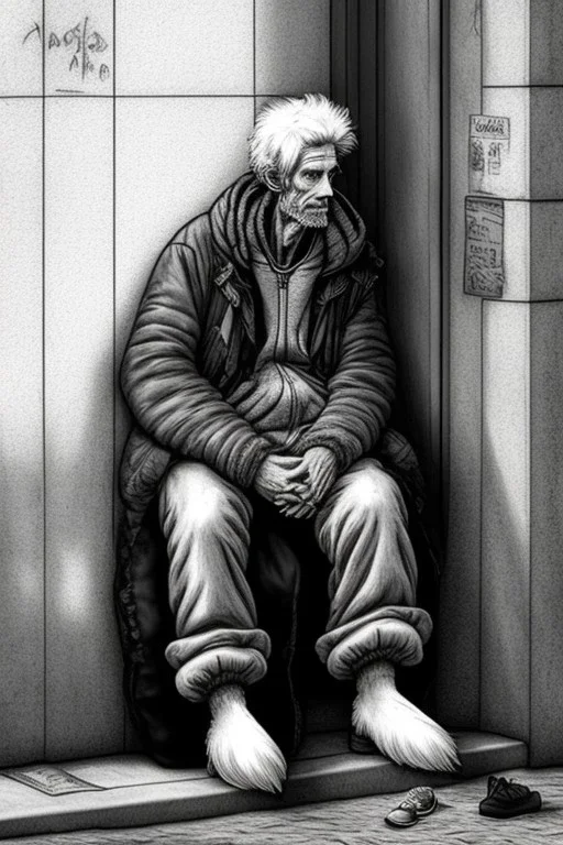 One single mature homeless cockatoo with worn out clothes, sleeping in a corner on the street, Vienna, mourning, model style, hyper realistic, extremely accurate, delicate, extremely detailed, Graphic novel style, wide-angle, open aperture, superfine pencil