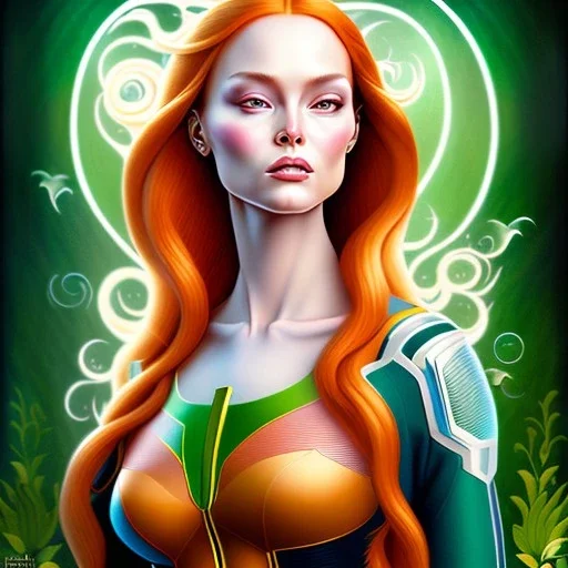 portrait of a beautiful busty Jean Grey with green eyes riding a unicorn by Sandro Botticelli style