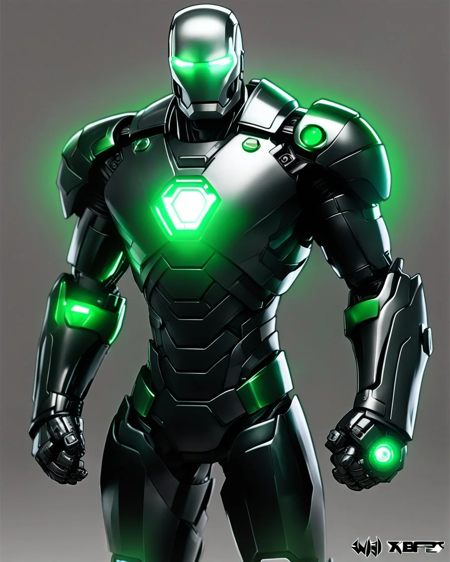 Super IRONMAN armor, kryptonite powered, black armor, black chrome, green lights, built by wayne enterprises, designed by stark industrieshttps://stablecog.com/generate?o=37b70ee1-cbf6-4de2-8ffe-0e02f33ce34f