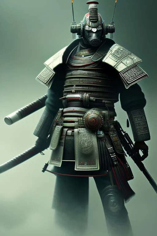 full portrait of techno samurai, high detail, volumetric lighting, tiny features, intricate detail, volumetric fog