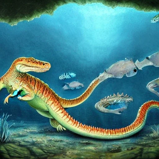 beautiful, stunning paleoart of masosaurus with alligator head and eel body, underwater, coral reefs, plants, in the style of eleanor kish, davide bonadonna, julius csotony, fabio pastor, wide field of view, Masosaurus, photorealistic, illustrative, digital art, 8k resolution, detailed matte, painting, artwork, deviantart