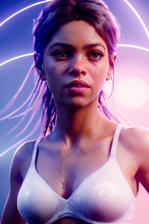 Shakira artist, Realistic image, natural waist up portrait, natural busty , perfect eyes, glow, circle iris. concept art, smooth, unreal engine 5, god lights, ray tracing, RTX, lumen lighting, ultra detail, volumetric lighting, 3d, finely drawn, high definition, 4k.