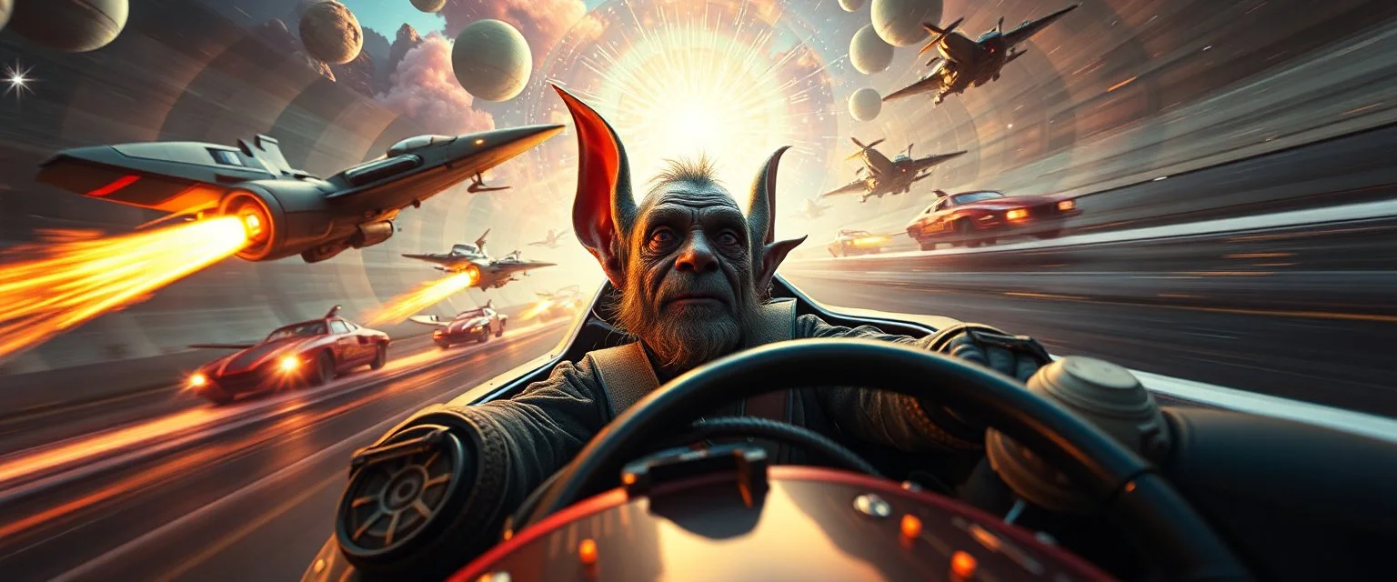 etheral astral weird perspective worried yoga legend race car racing with huge g force against spaceships going sideways in ramp driver close up portrait of dj magic kobold gremlin farmer pilot looking down on cam, with background in the style of escher and giger, a chill contrapunctus fugue in the style of fsol, beethoven, goa trance breaks, dancefloor drum and bass, burning cars, fire storm lightening, and explosions, and stars and glitter