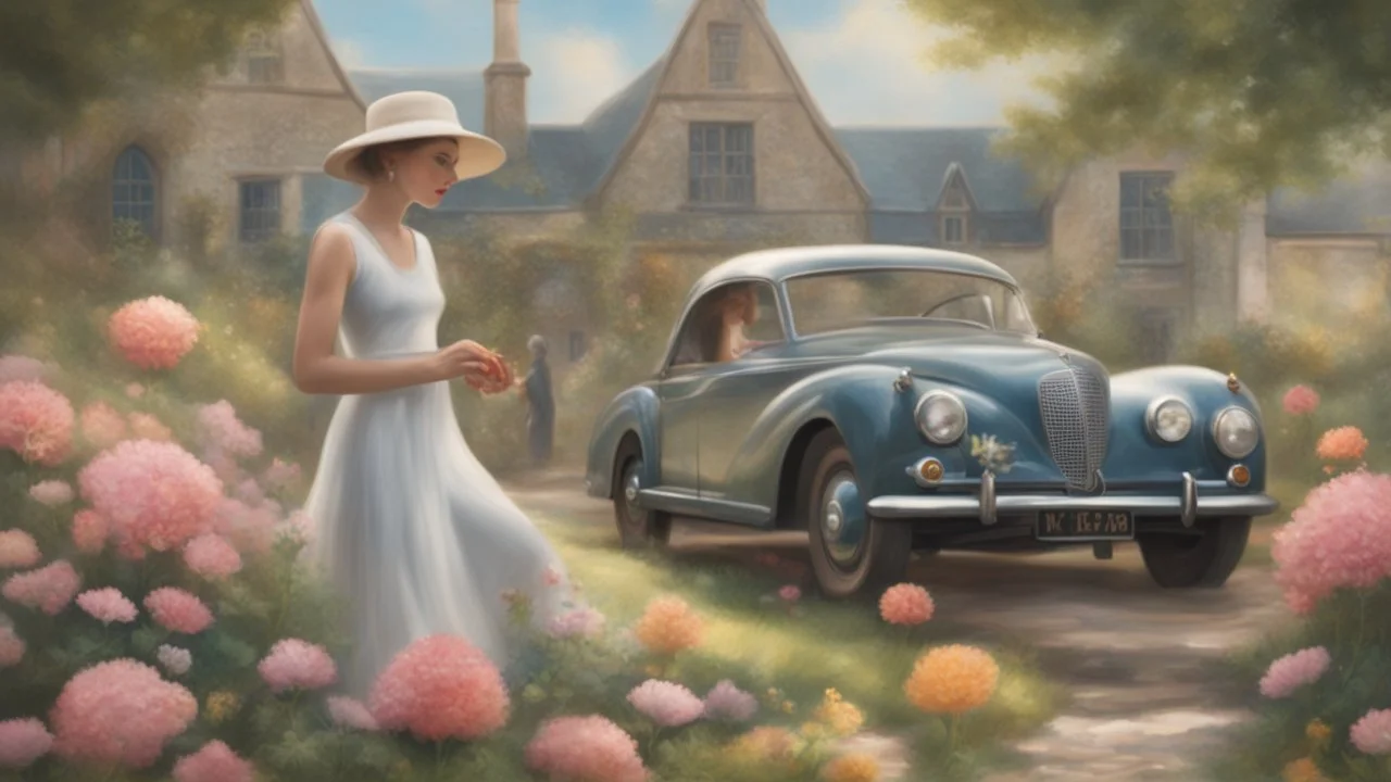 A mysterious place, a classic car, two women, among flowers