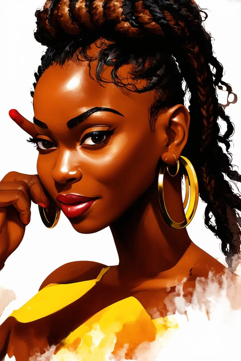 A vibrant digital illustration of a carribean woman with a confident yet playful expression. She is making a gesture by a raised brow. highly detailed two large cornrows. Her large hoop earrings are clearly visible, adding to the bold and expressive character of the artwork. with soft lighting accentuating the details of her face.", ink wash