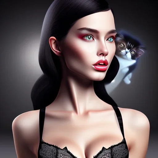 black hair lady model bra with cat